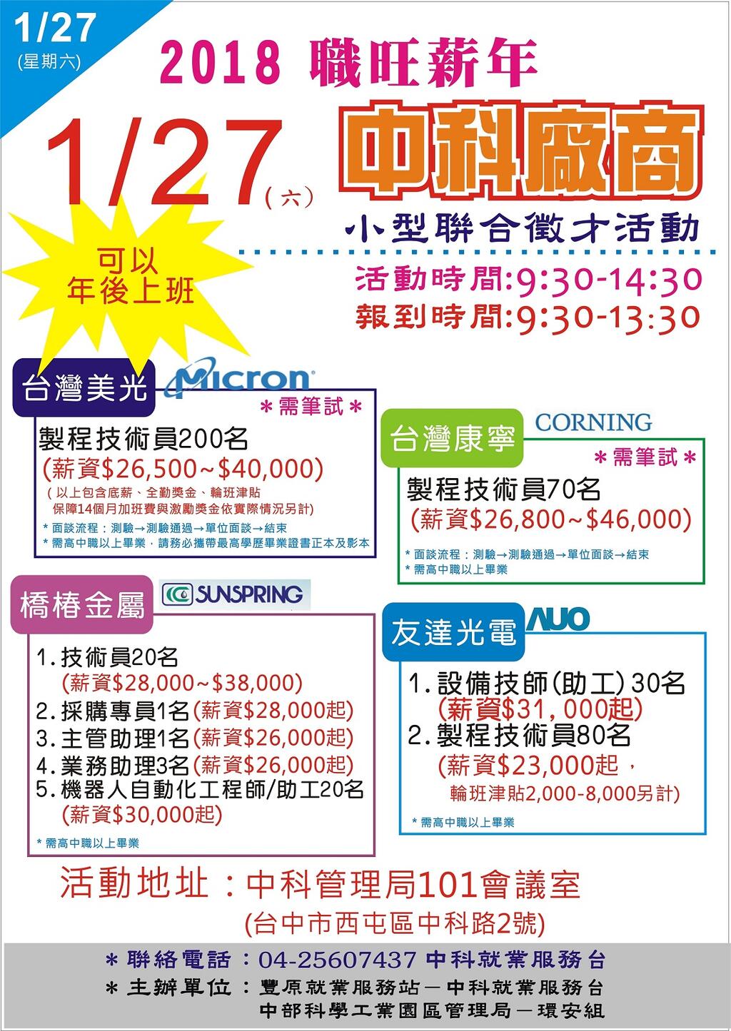 「2018職旺薪年」中科廠商小型聯合徵才活動週六登場