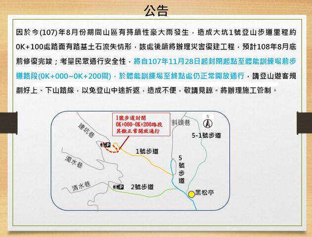 臺中市大坑1號登山步道因災害影響，暫時封閉部分路段