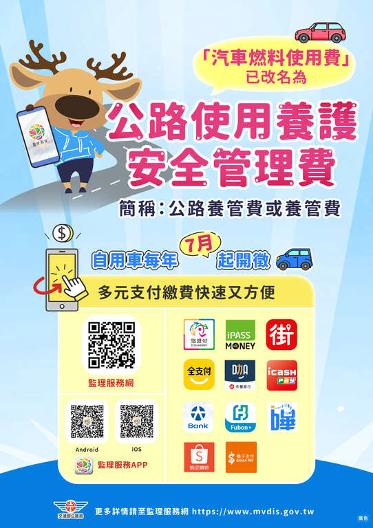 交通部公路局汽车燃料使用费已正式更名为公路使用养护安全管理费