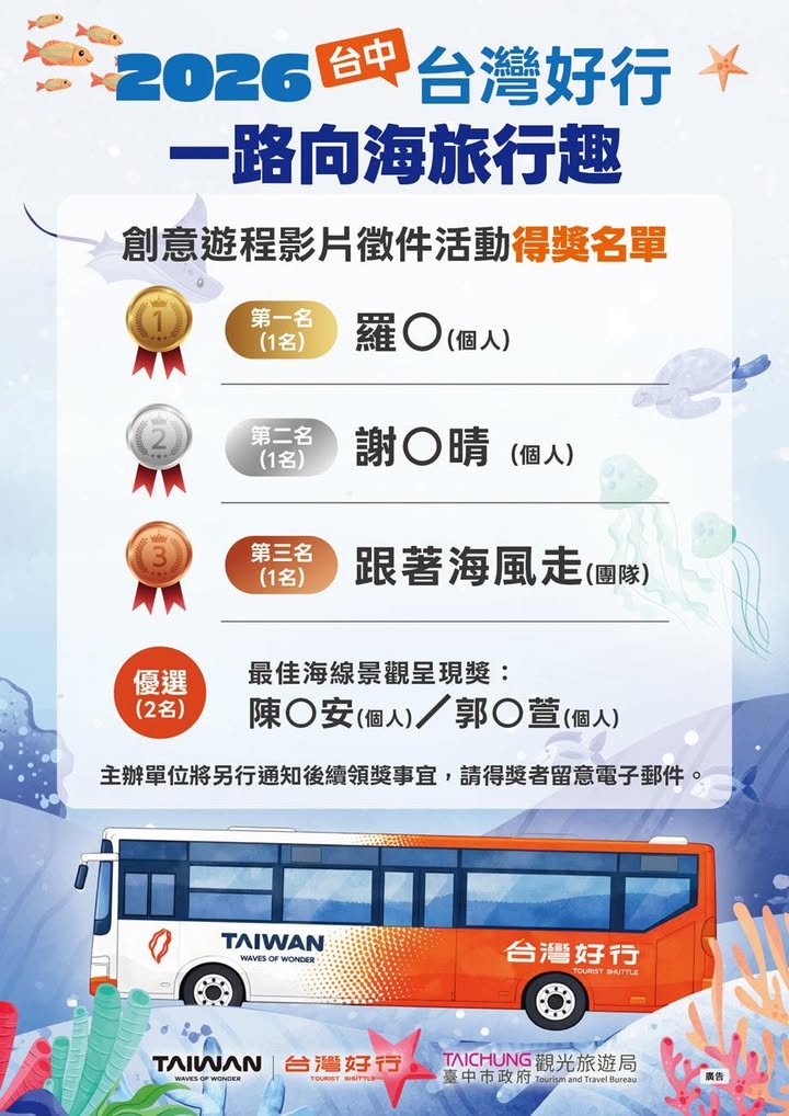 ✨【得奖名单出炉🎉｜台湾好行 一路向海旅行趣 创意游程影片徵件活动】✨