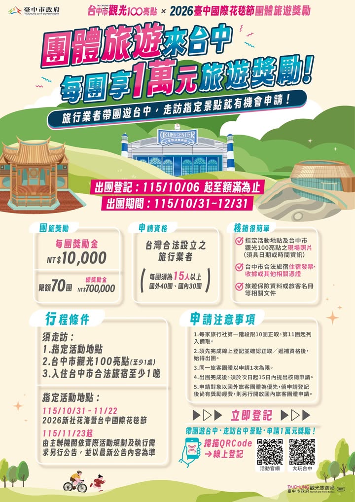 【旅行社看过来!带团游台中,每团奖励 1 万元🚌✨】