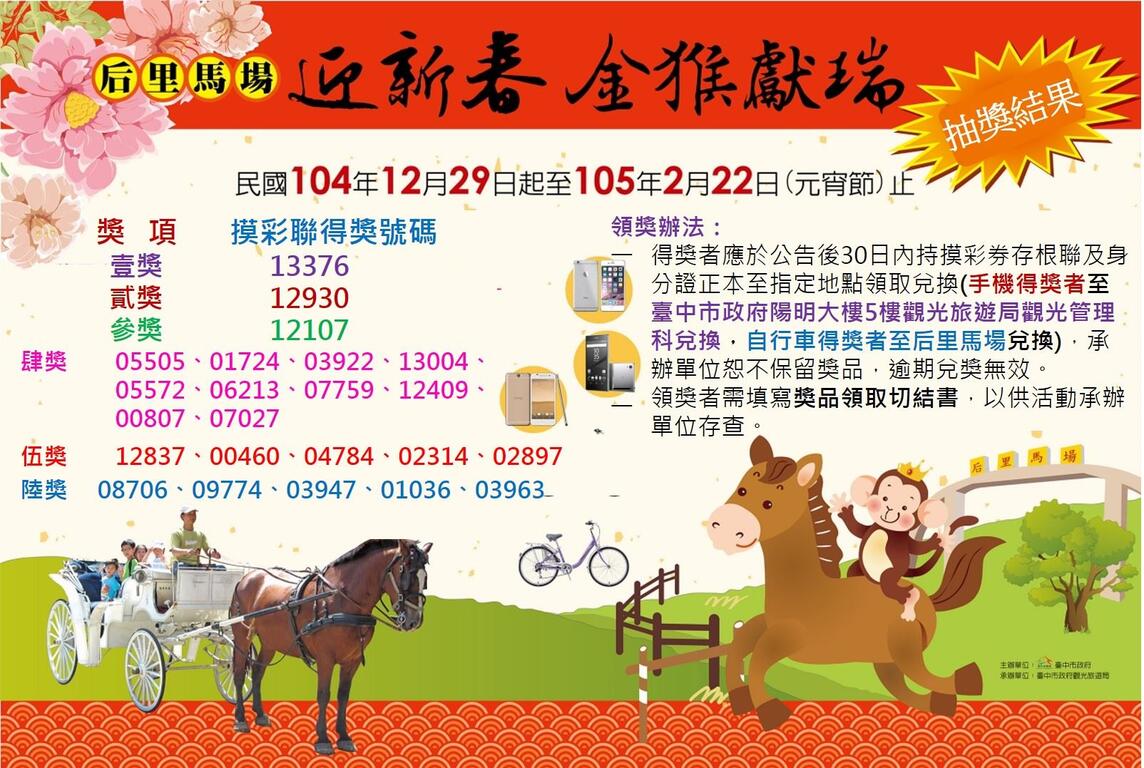 「后里马场迎新春 金猴献瑞送大奖」得奖名单-抽奖结果